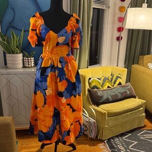 Vibrant Orange and Blue Midi Dress
